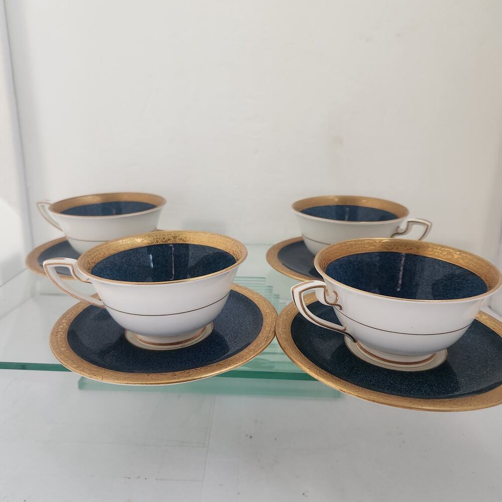 Royal Worecester Vintage Tea Cup & Saucer Set of 4 Cobalt Gold
